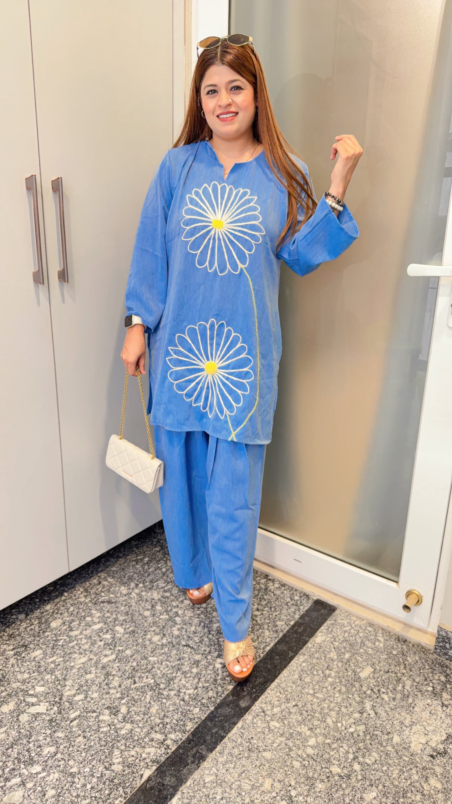 Flower Embroidery Farshi Denim Two Piece Set