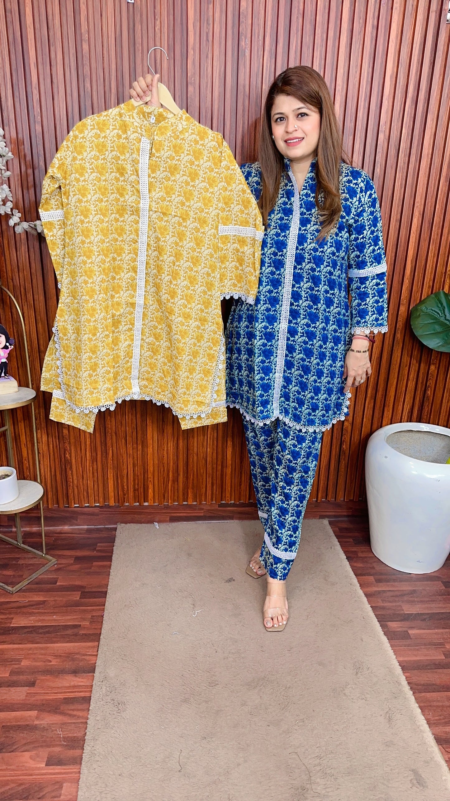 Block print pure cotton printed lace coord set