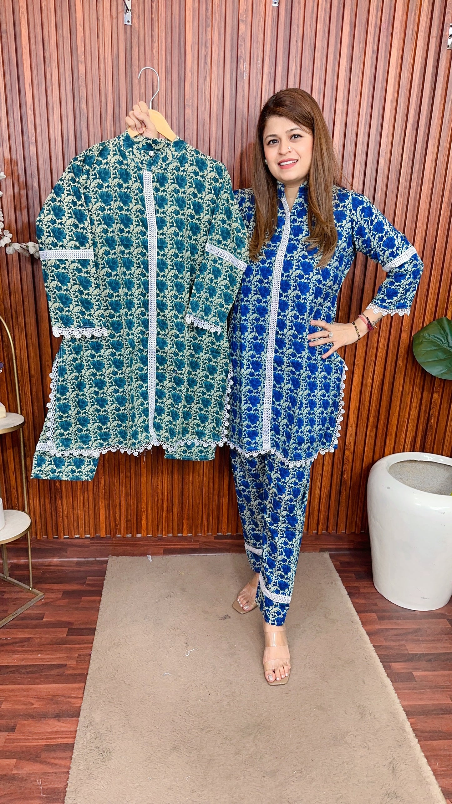 Block print pure cotton printed lace coord set