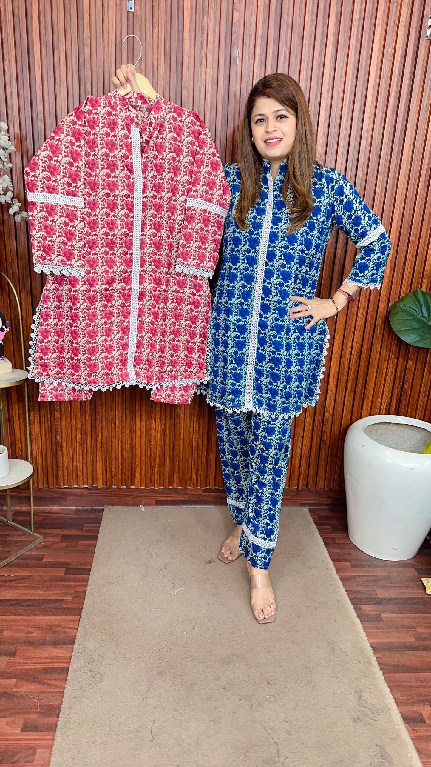 Block print pure cotton printed lace coord set