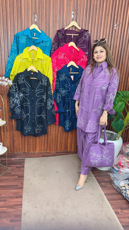 Water Lilly Embroidery Kurta Set with bag