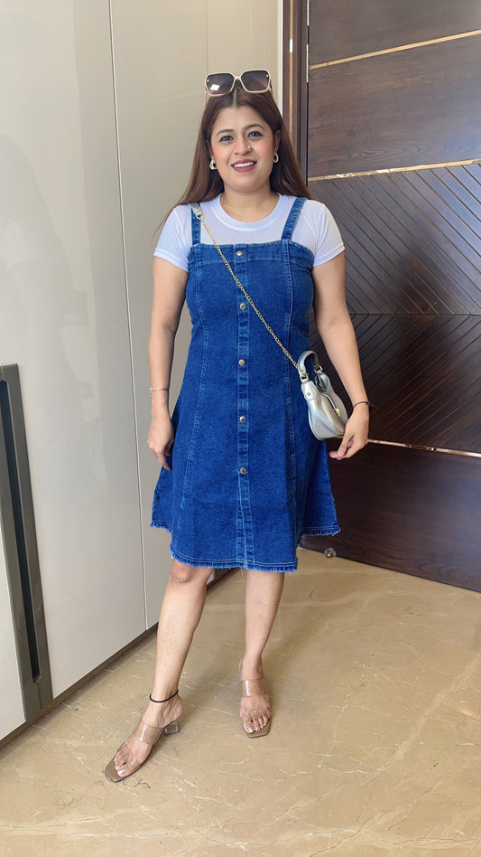 Denim A Line Mini dress with white round neck t shirt