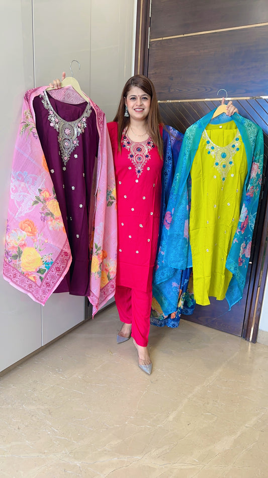 Rangoli new cotton suit set with organza printed dupatta