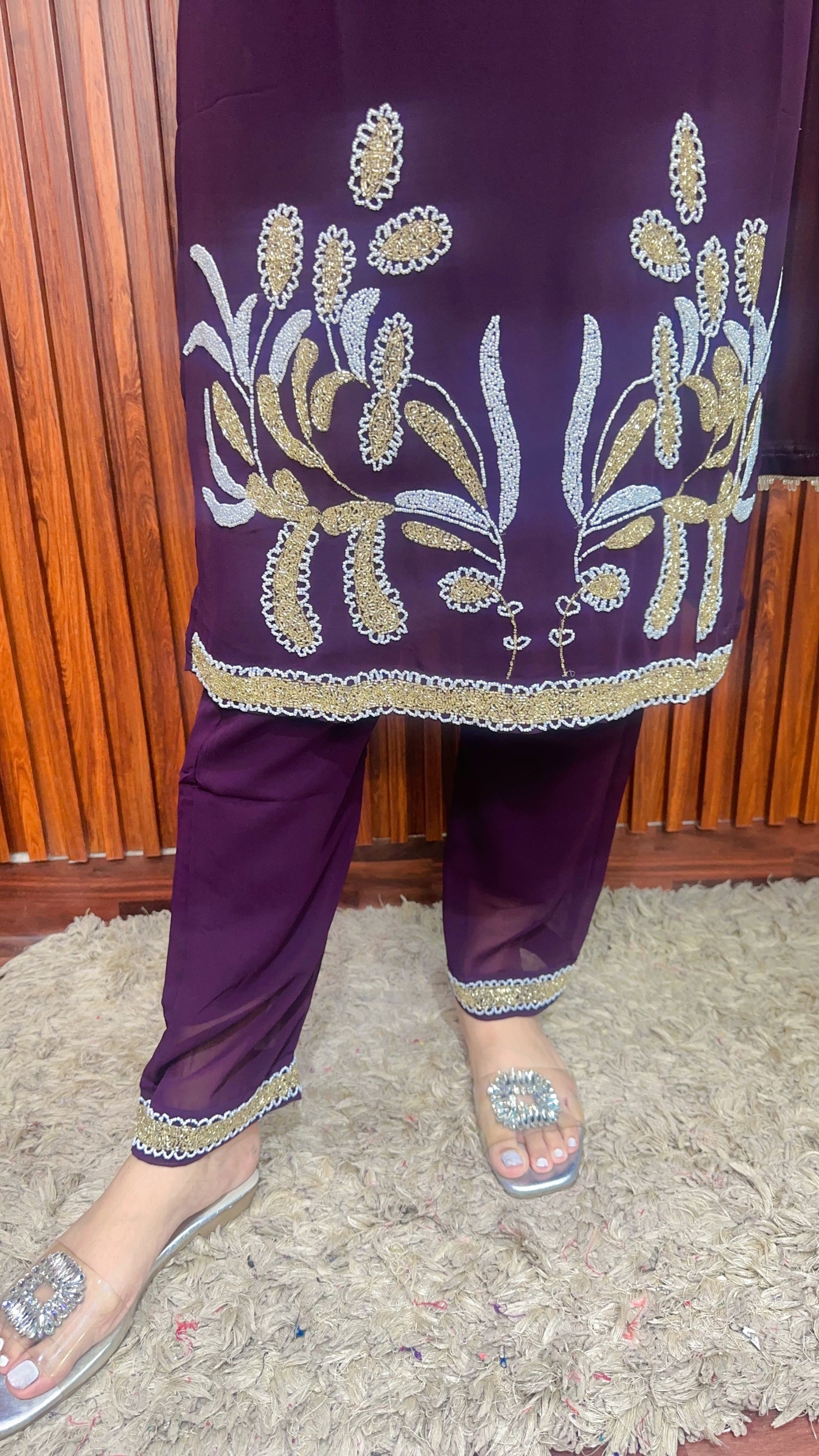 Round Neck White Cutdana Suit with Pant