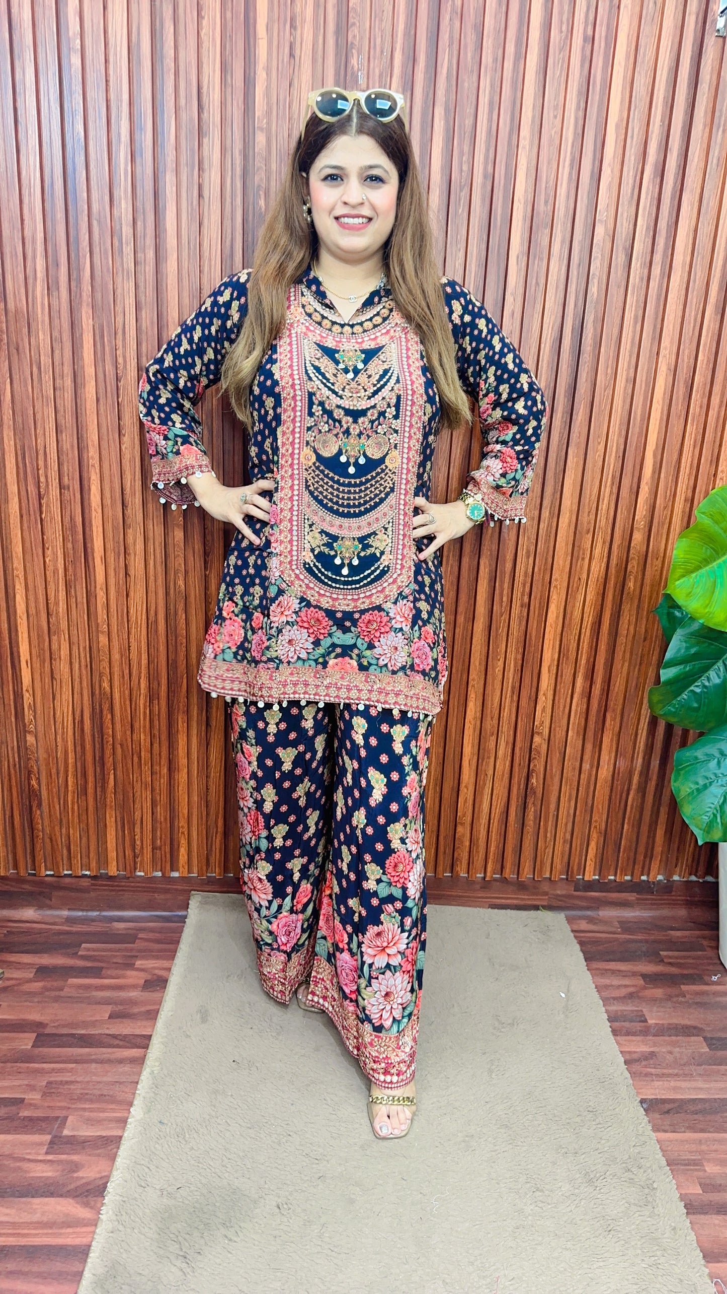 Black pure crepe digital short kurta with pant