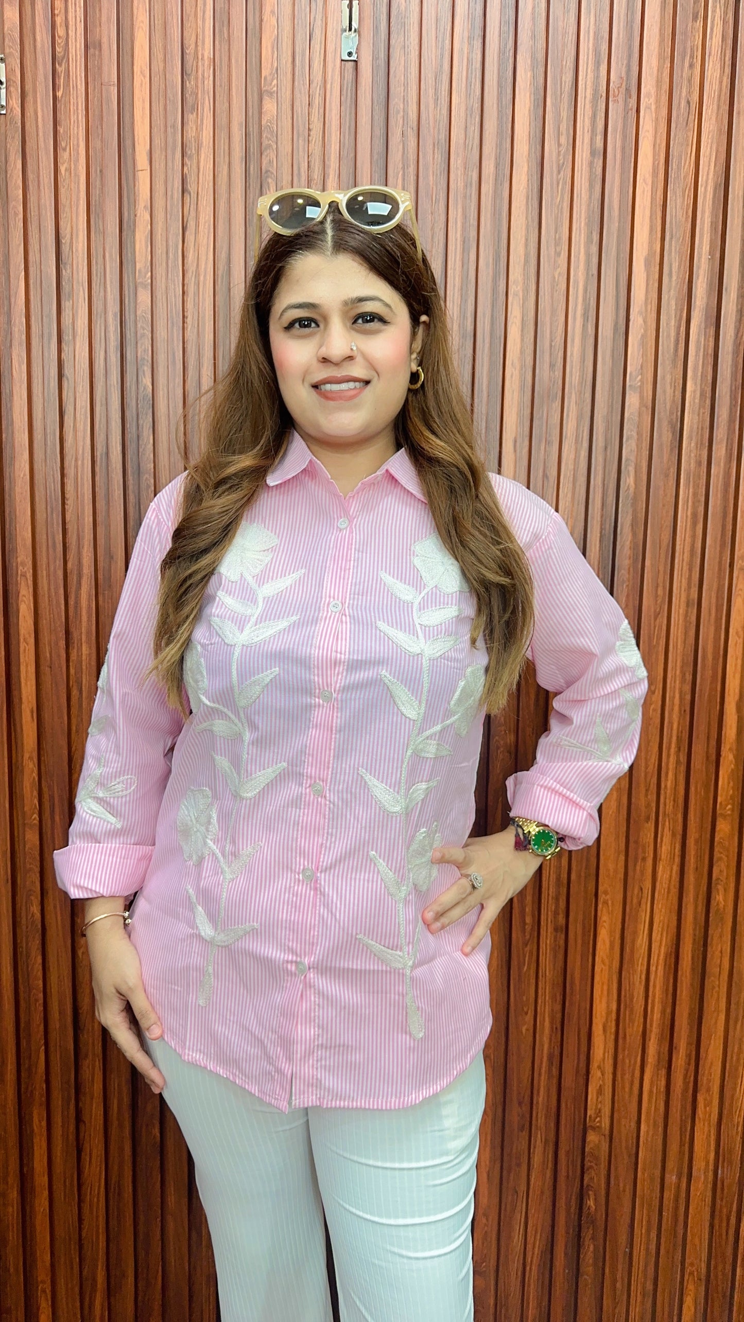 White stripe rose embroidery cotton shirt