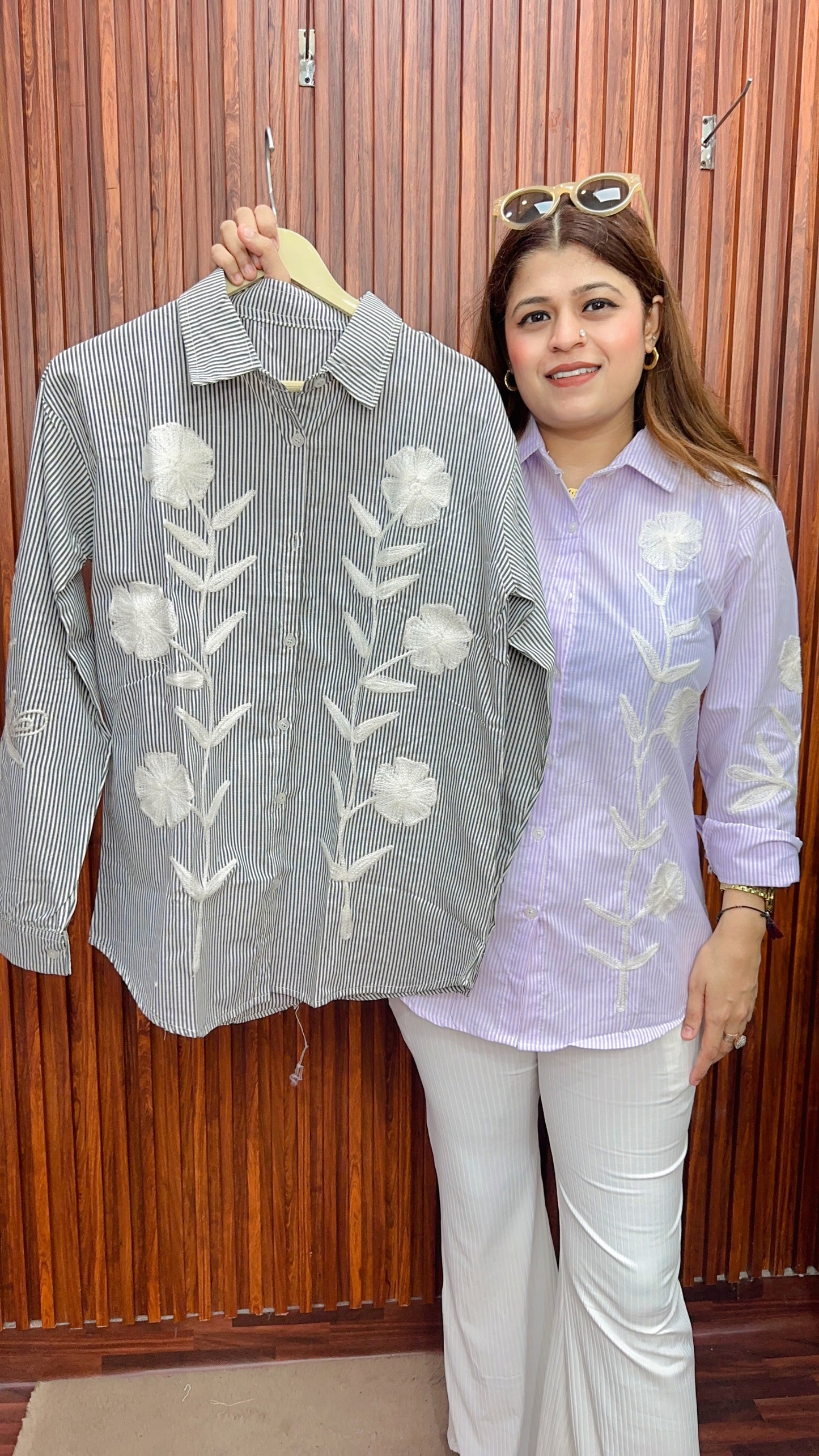 White stripe rose embroidery cotton shirt