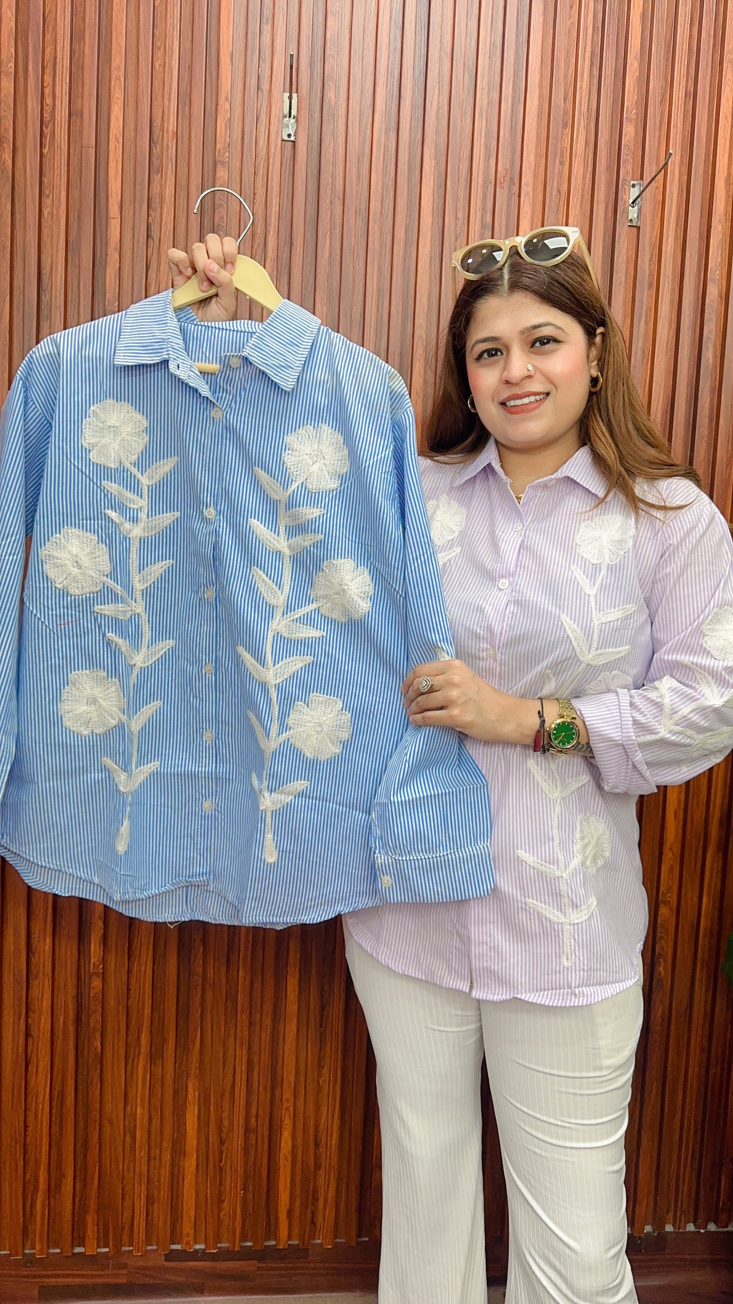 White stripe rose embroidery cotton shirt