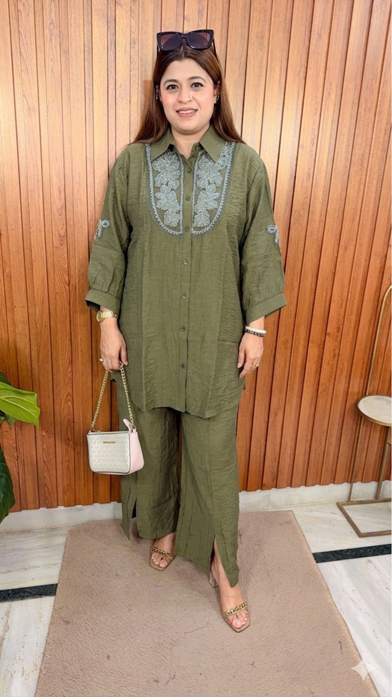 Pearl Neck Cotton Two Piece Coord Set