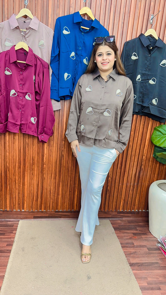 Heart pearl satin shirt