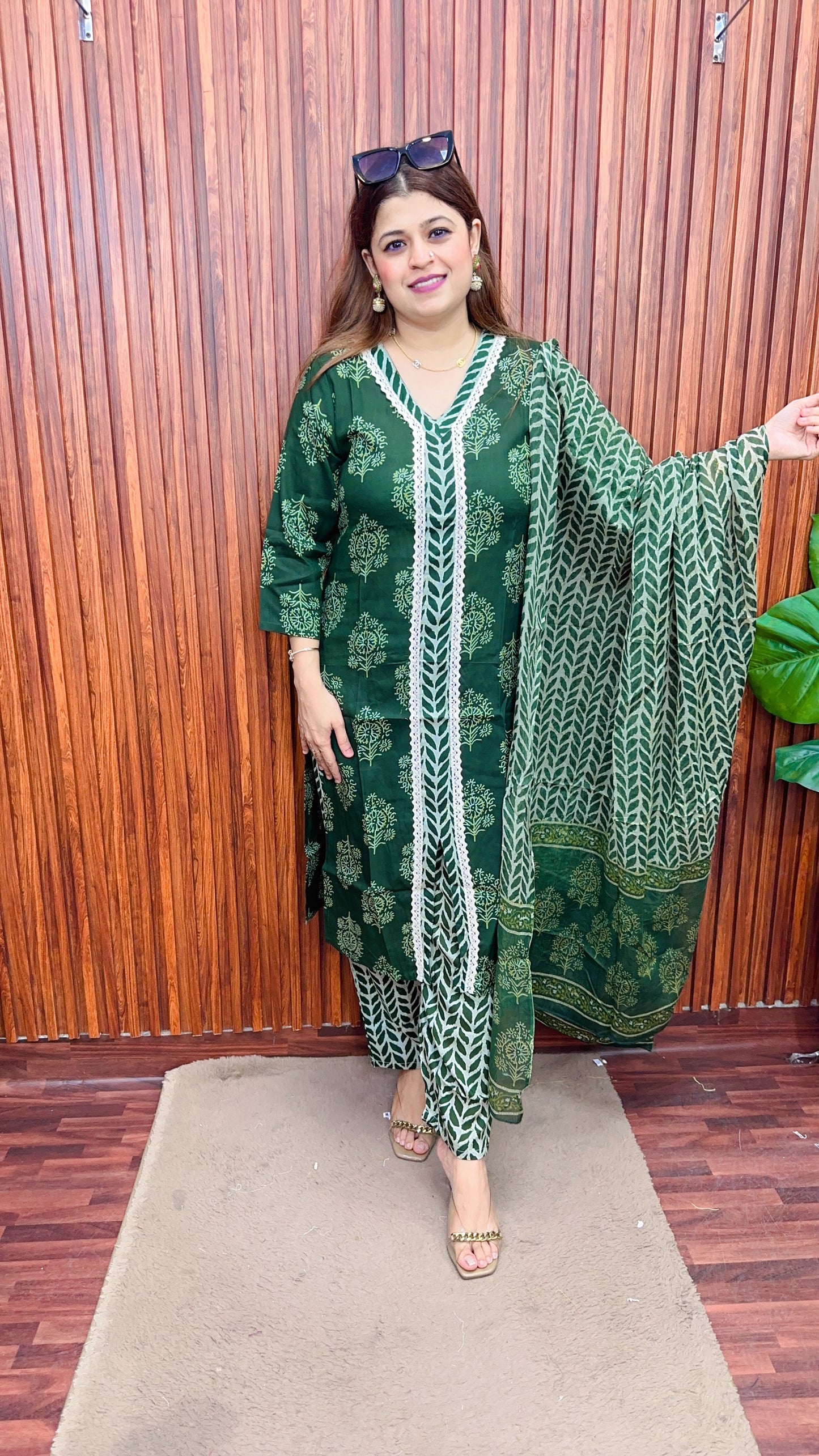 Block print front slit cotton suit