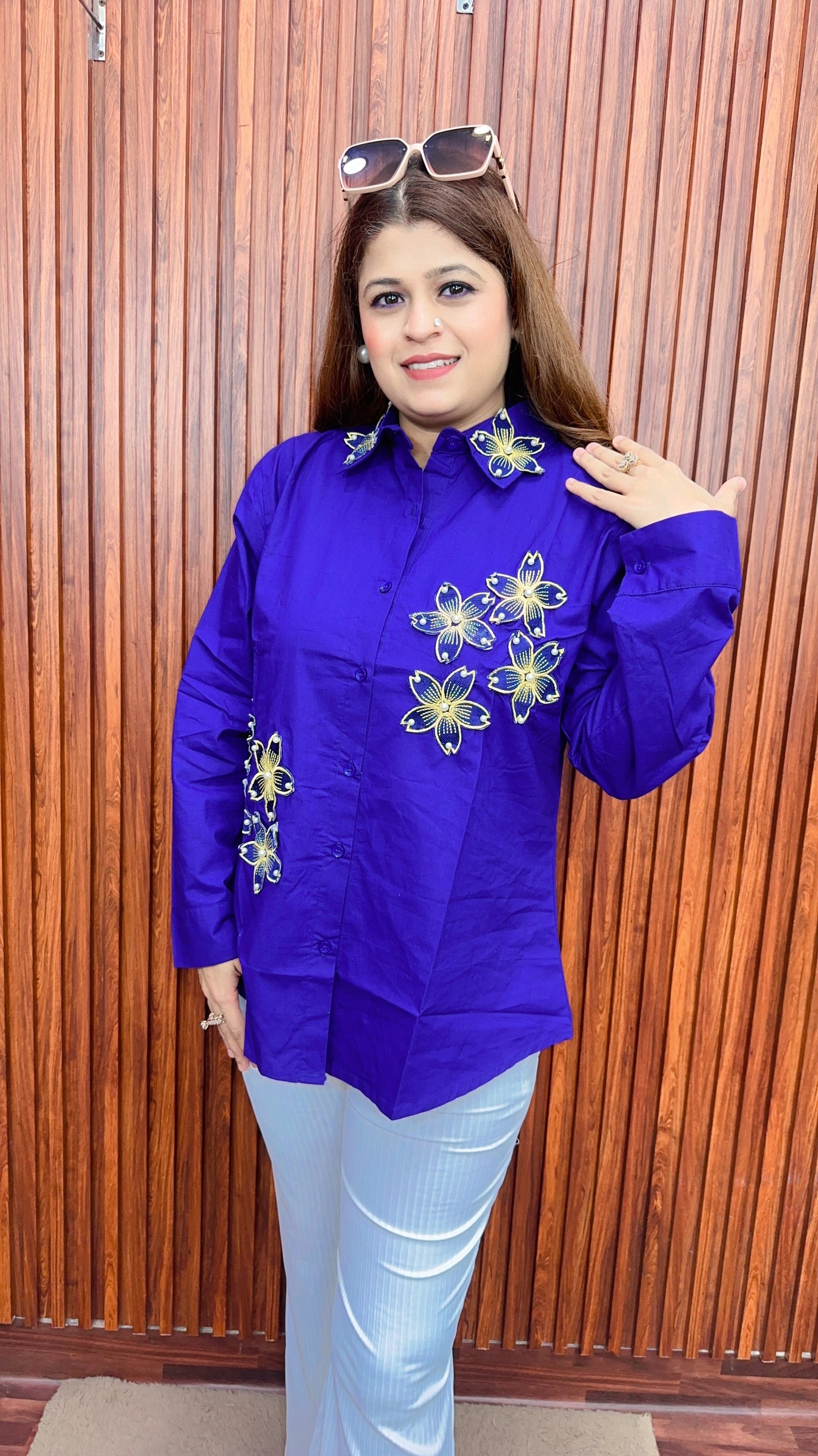 Applique work Pearl Cotton shirt