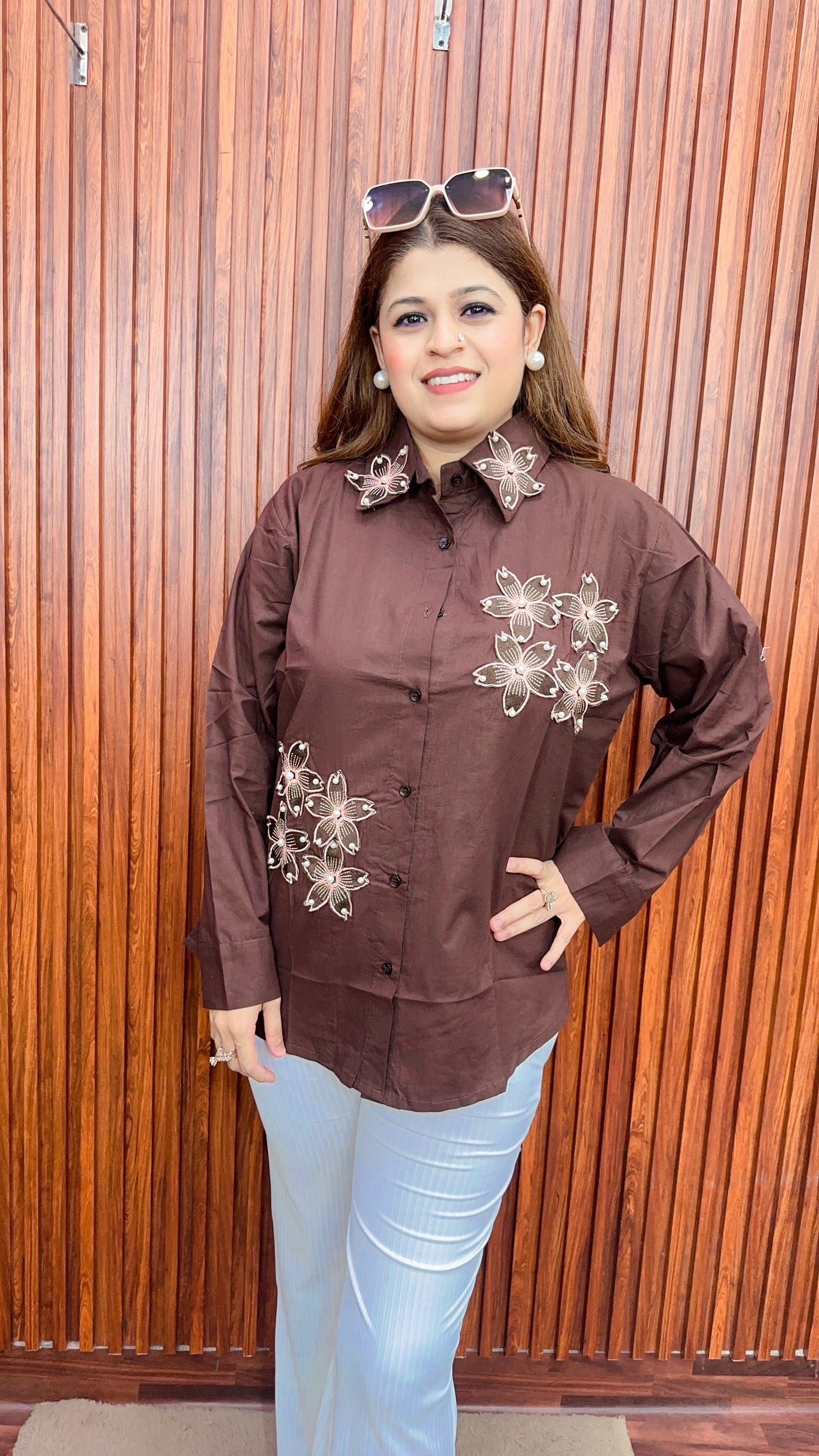 Applique work Pearl Cotton shirt