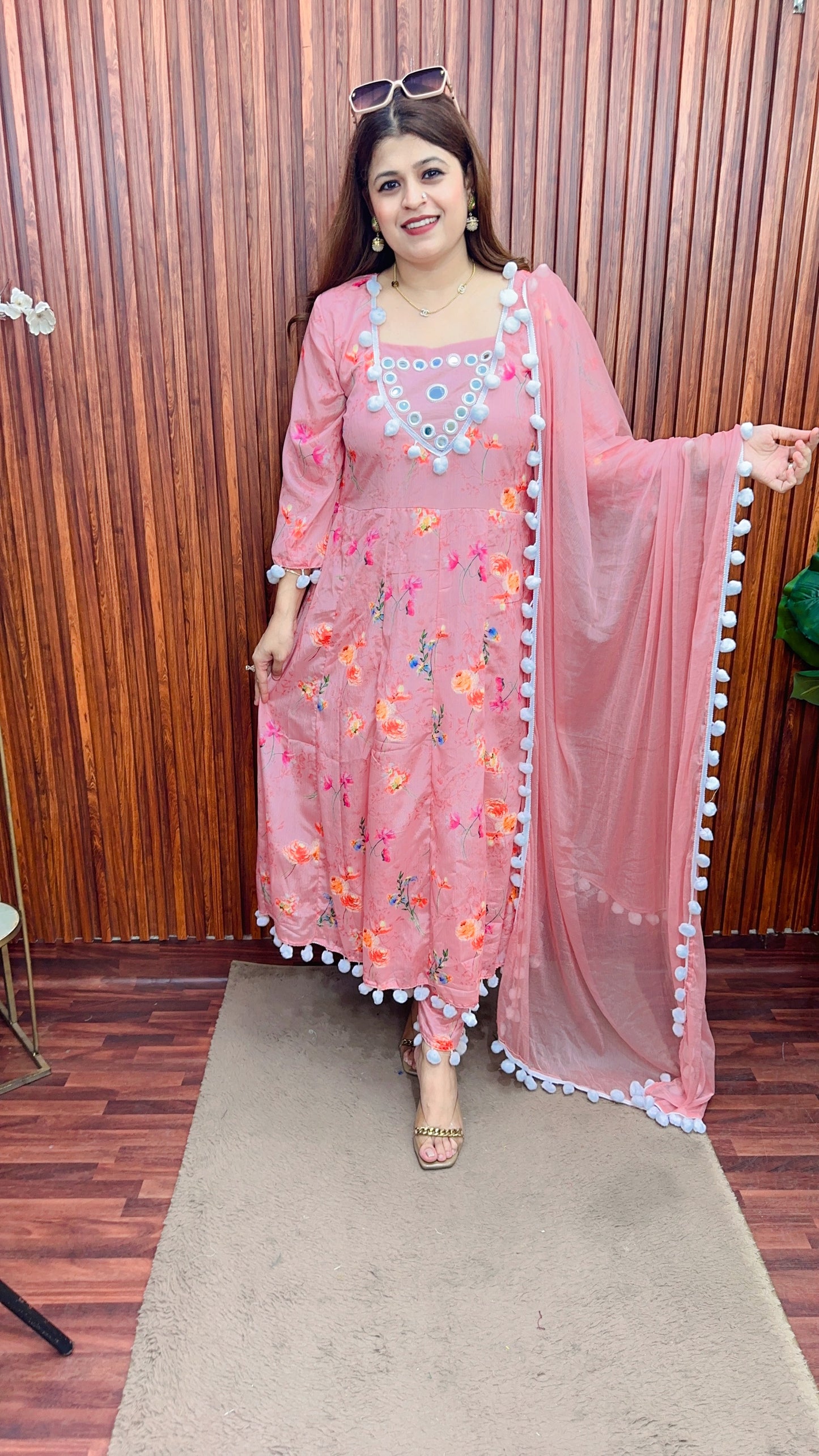 Premium Pom Pom Georgette chinon Anarkali suit