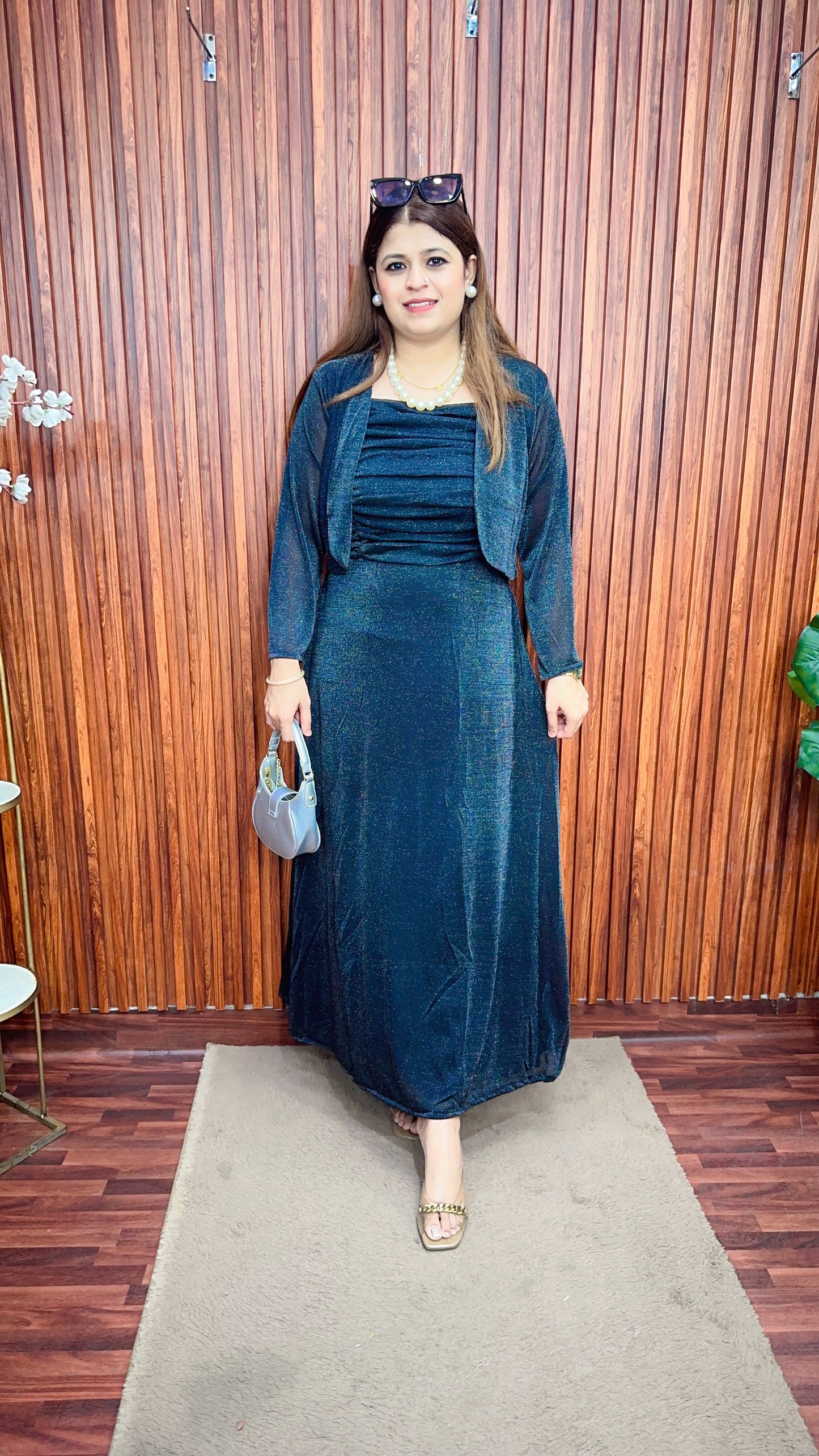 Shimmer Speghetti with shrug dress