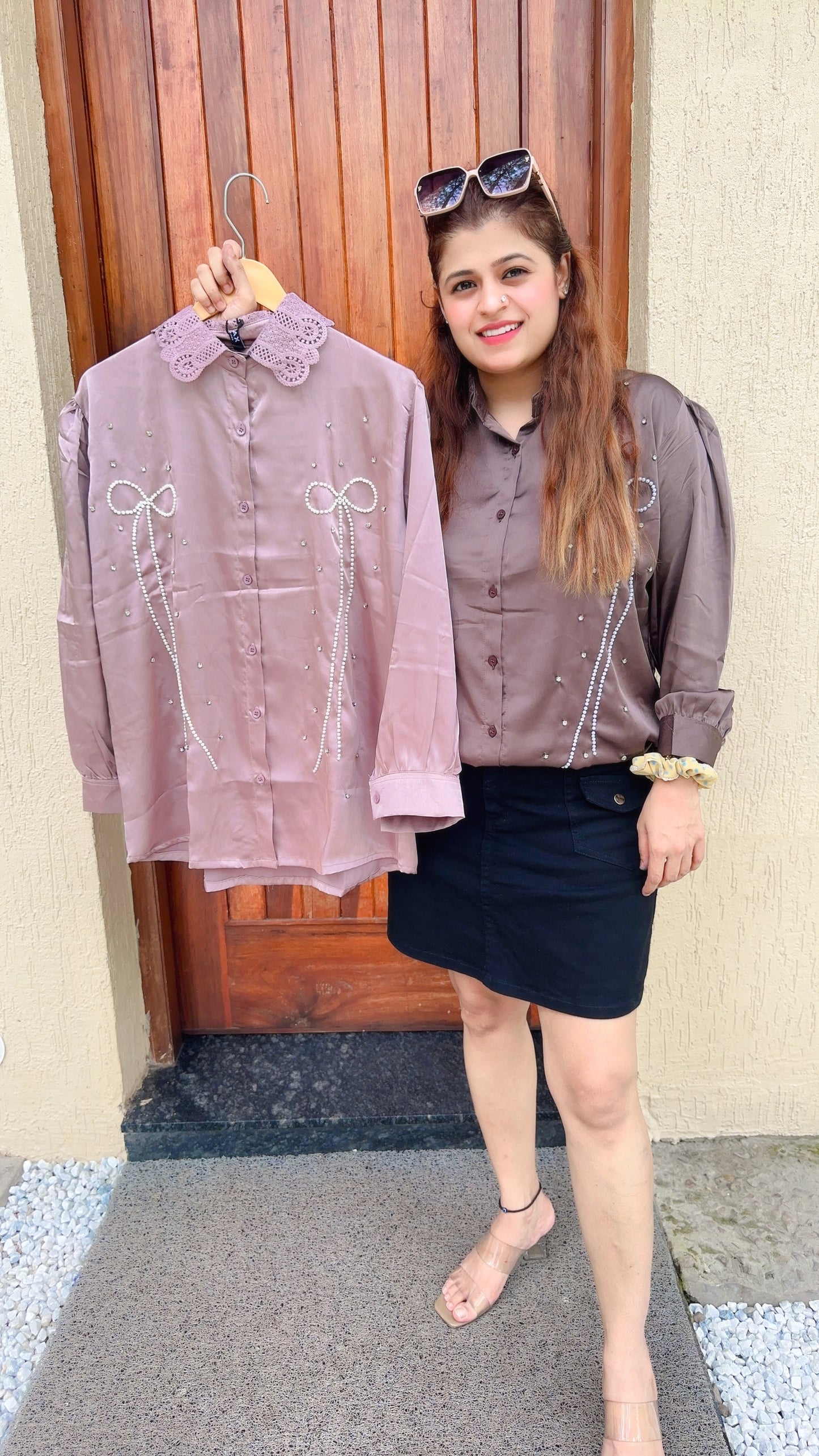 Satin pearl and sarvoski shirt