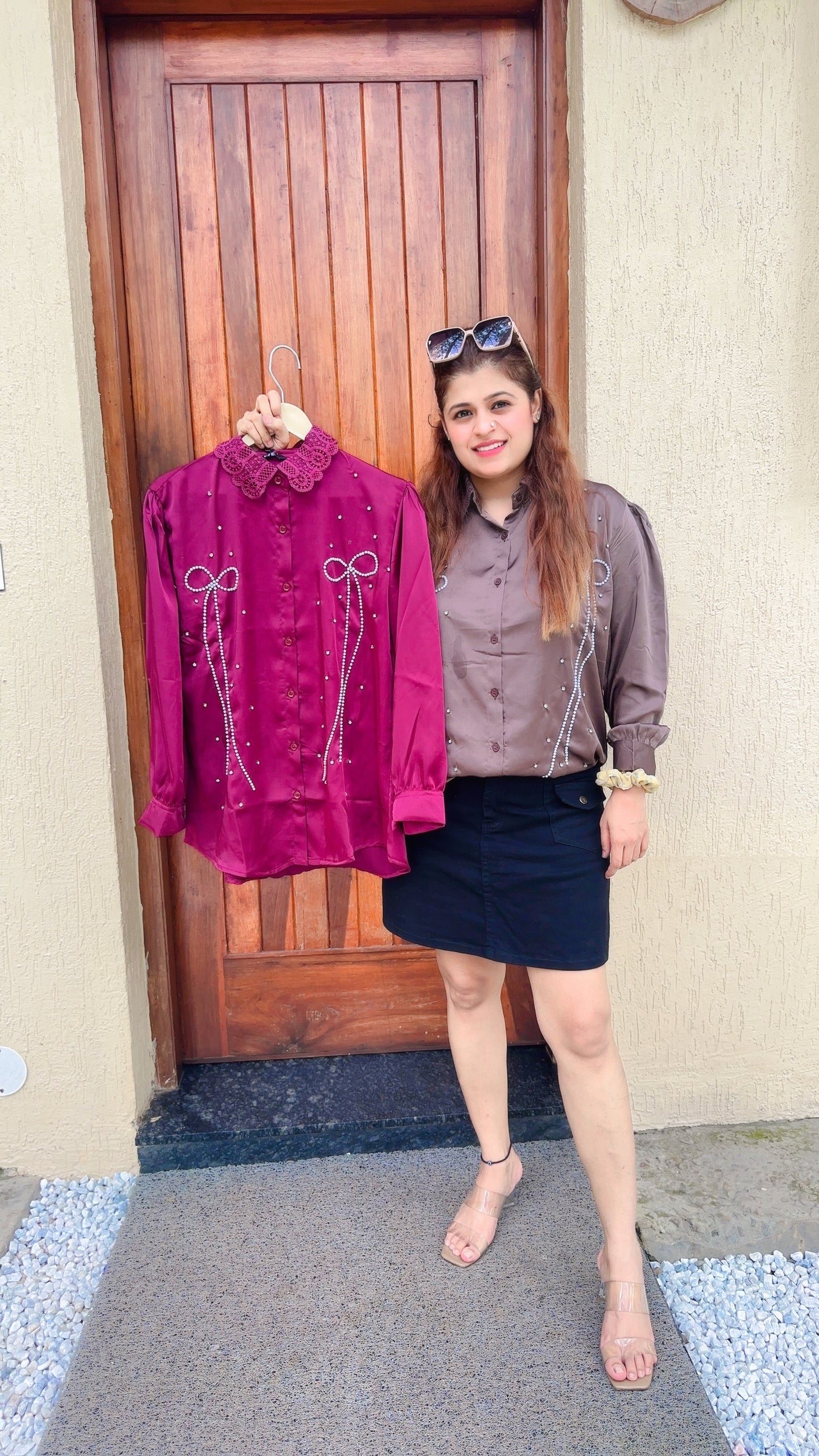 Satin pearl and sarvoski shirt