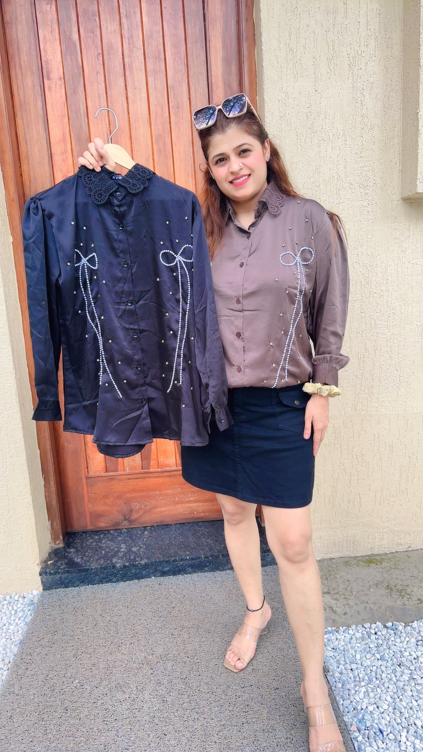 Satin pearl and sarvoski shirt