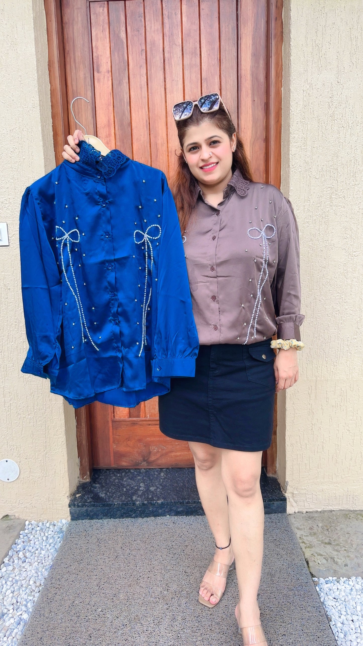 Satin pearl and sarvoski shirt