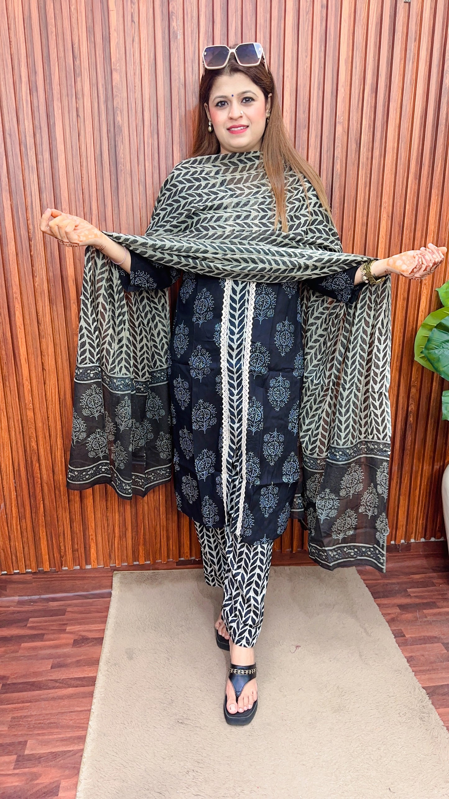 Block print front slit cotton suit