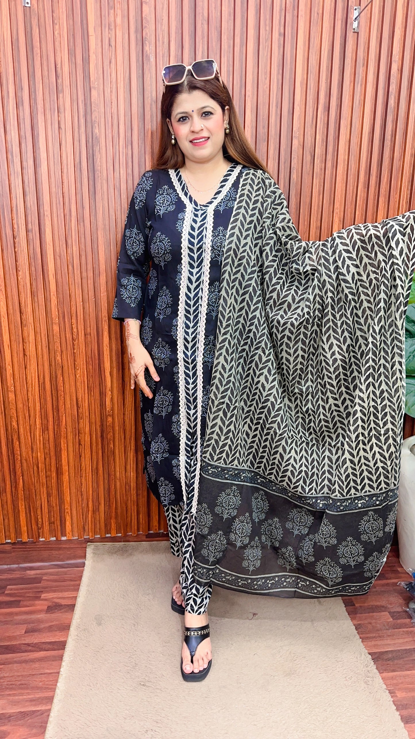 Block print front slit cotton suit