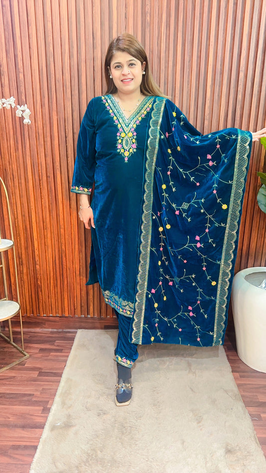 Party wear peacock green velvet suit set