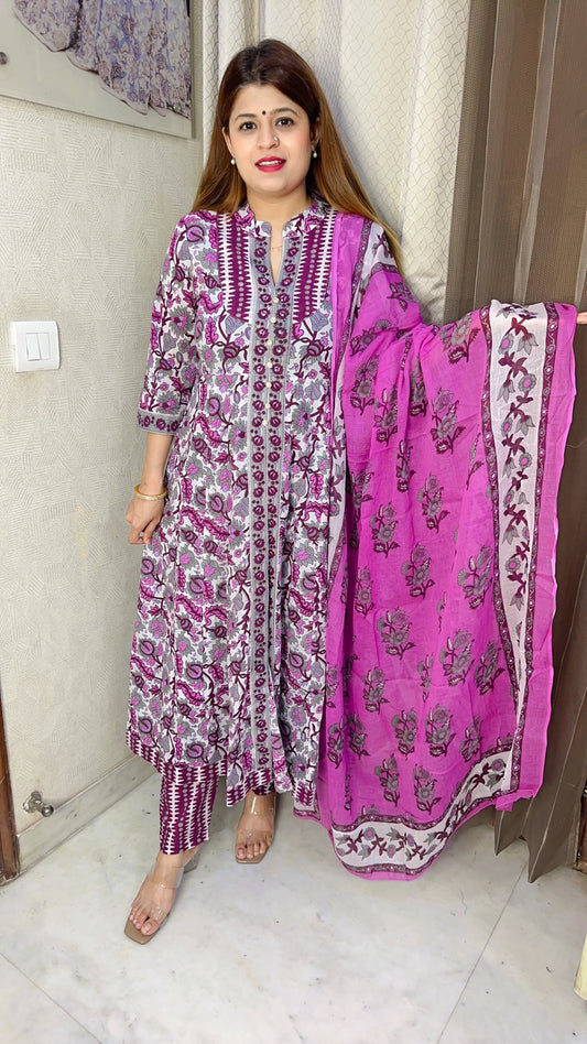 Floral cotton printed shrug Anarkali suit