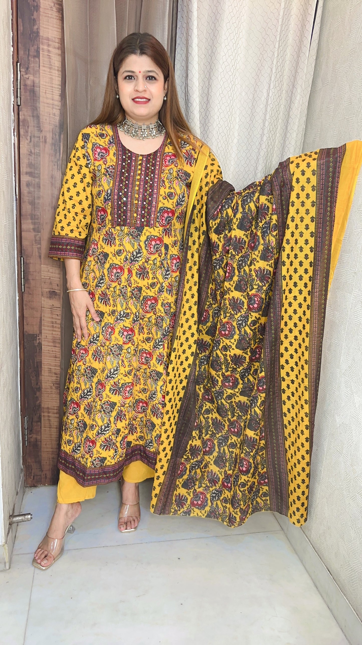 Flower cotton printed Anarkali suit set