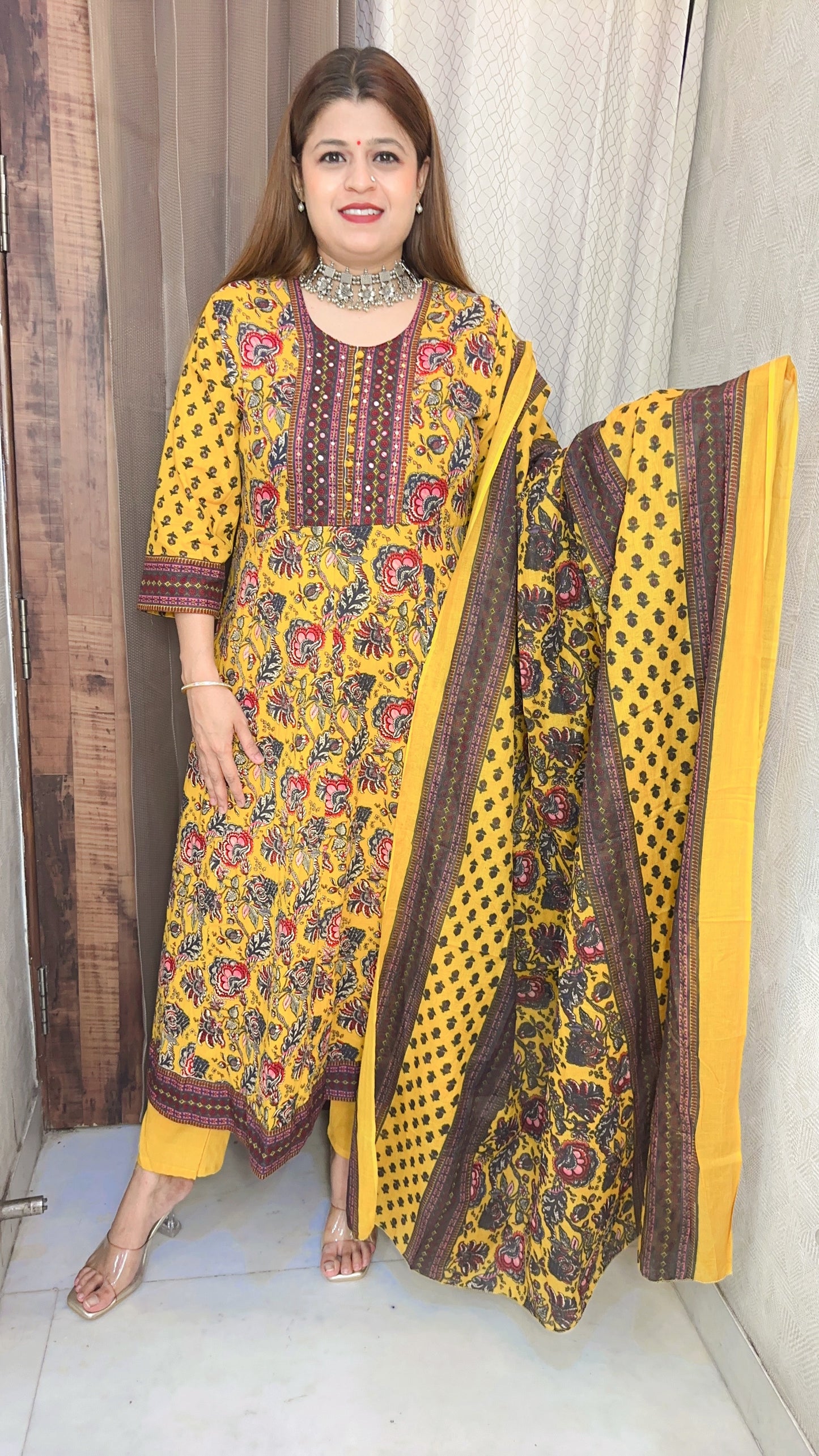 Flower cotton printed Anarkali suit set