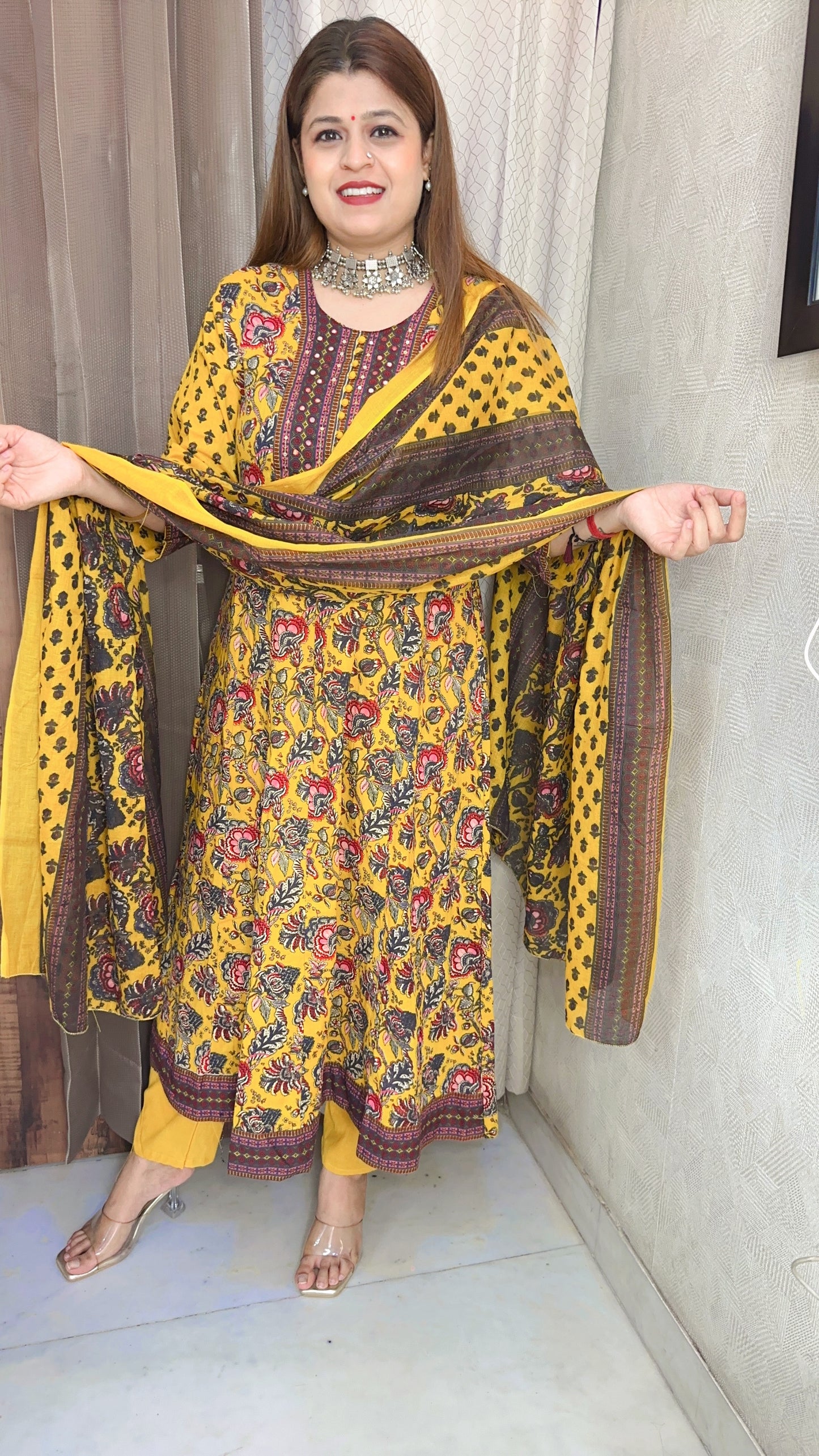 Flower cotton printed Anarkali suit set