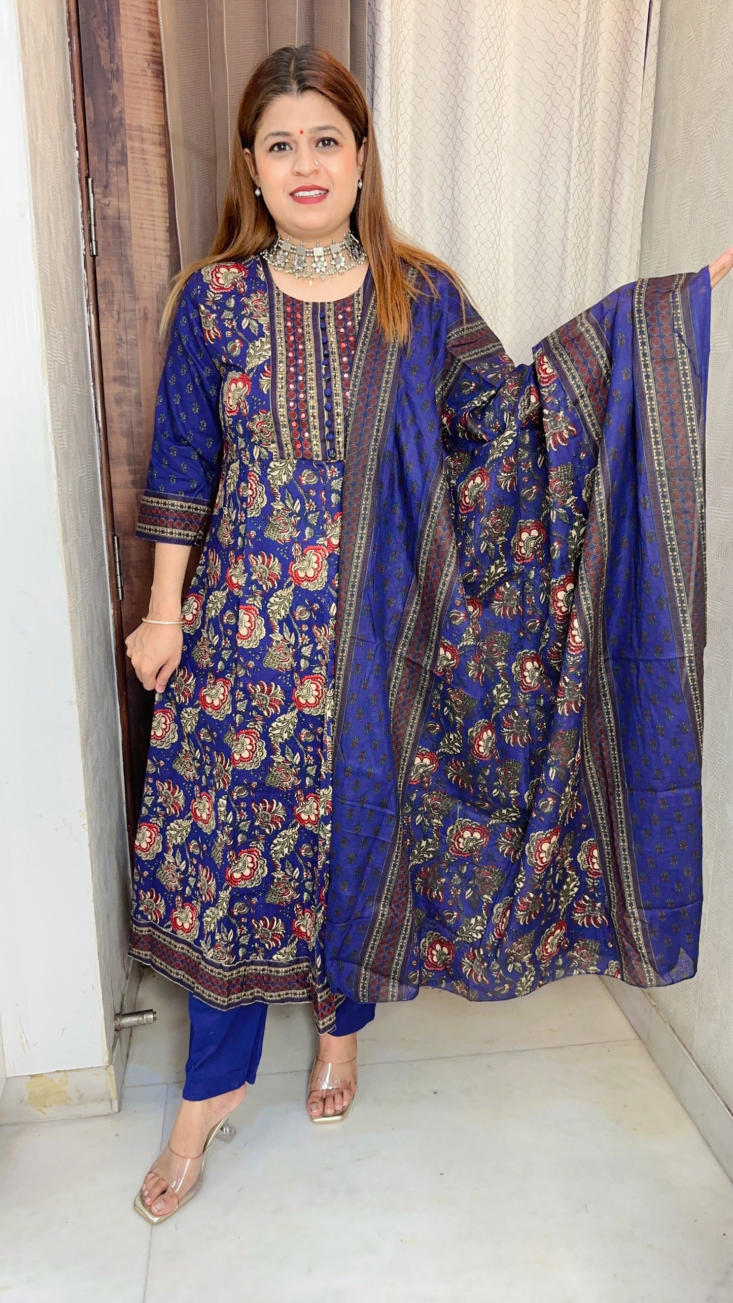 Flower cotton printed Anarkali suit set