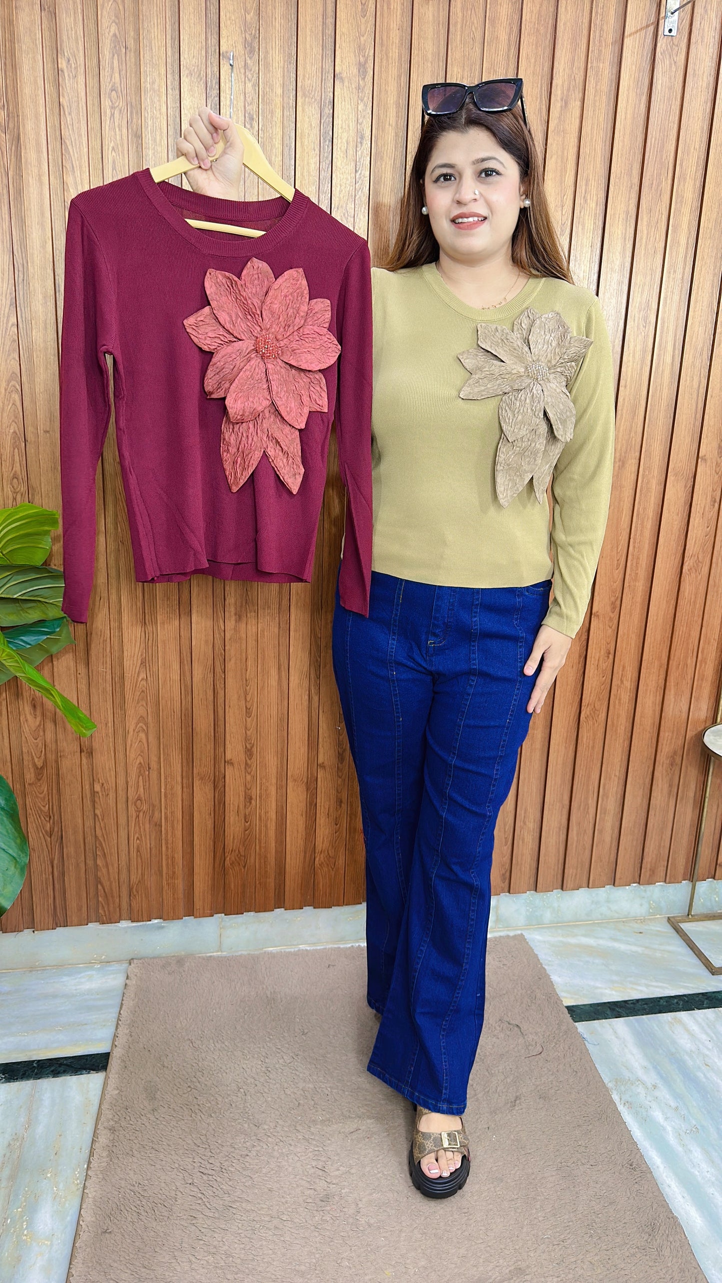 Knitted Embose Flower Tops