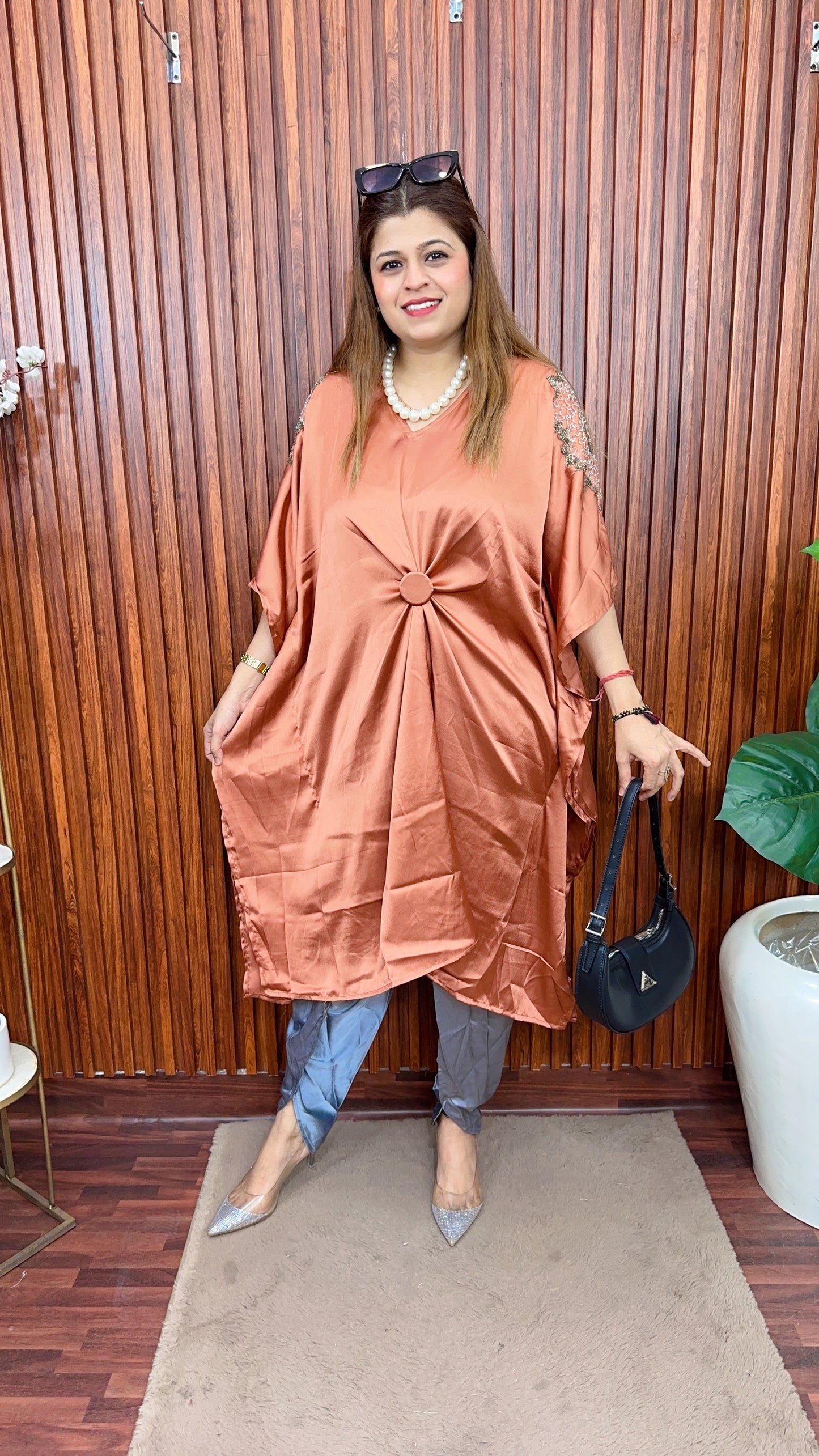 Satin silk kaftan cord set with handwork