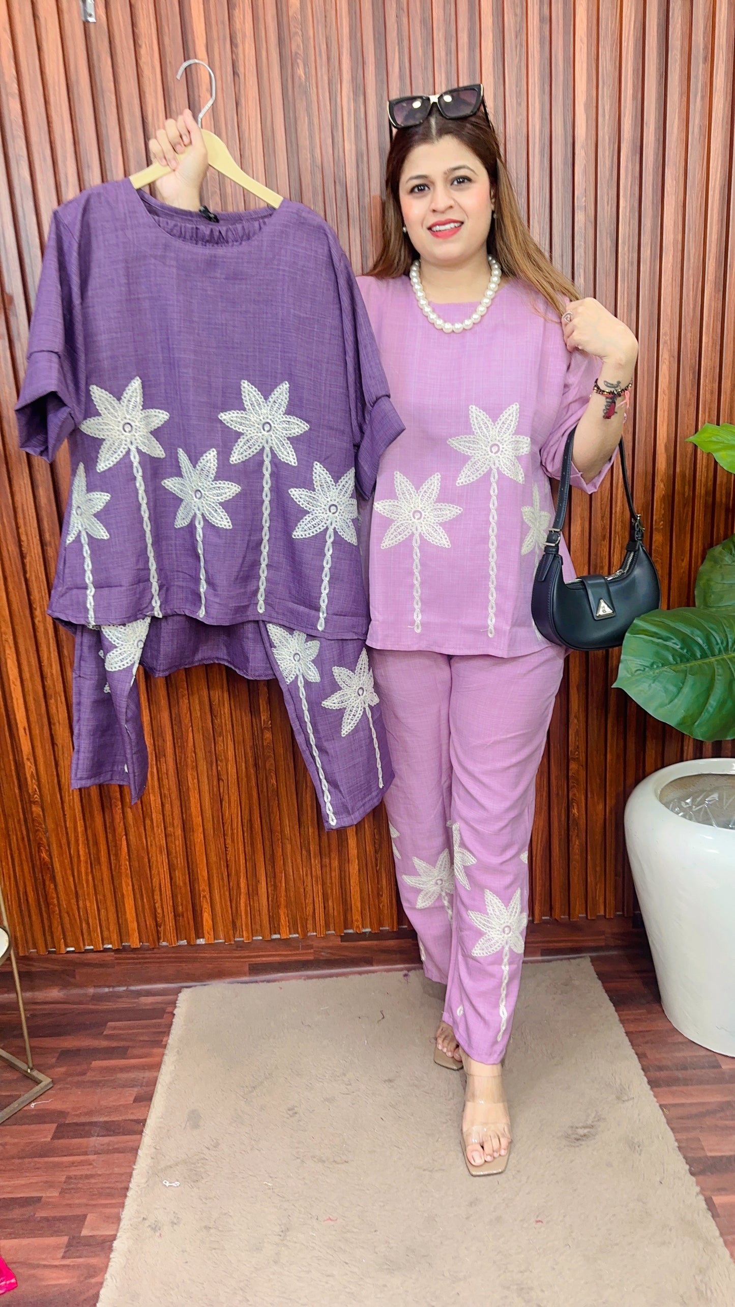 White thread Sun flower coord set