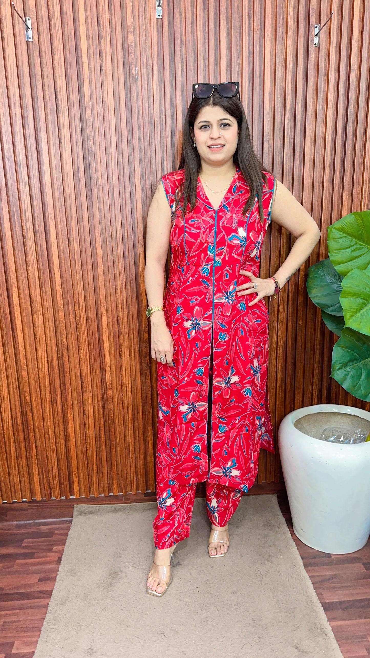 Cotton floral print front cut kurta set