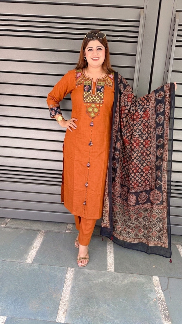 Kashi Embroidery Pure Cotton Three Piece Suit