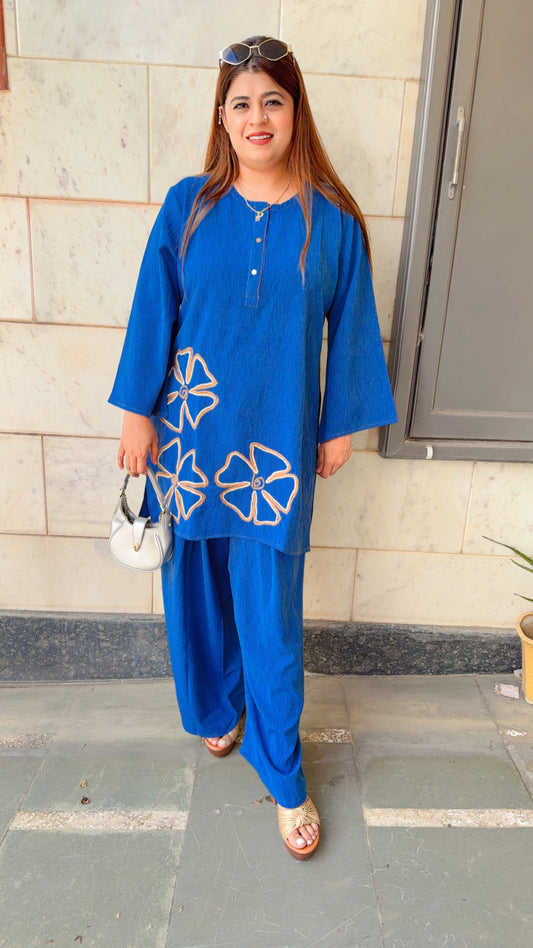 Flower Embroidery Denim Farshi Coord Set
