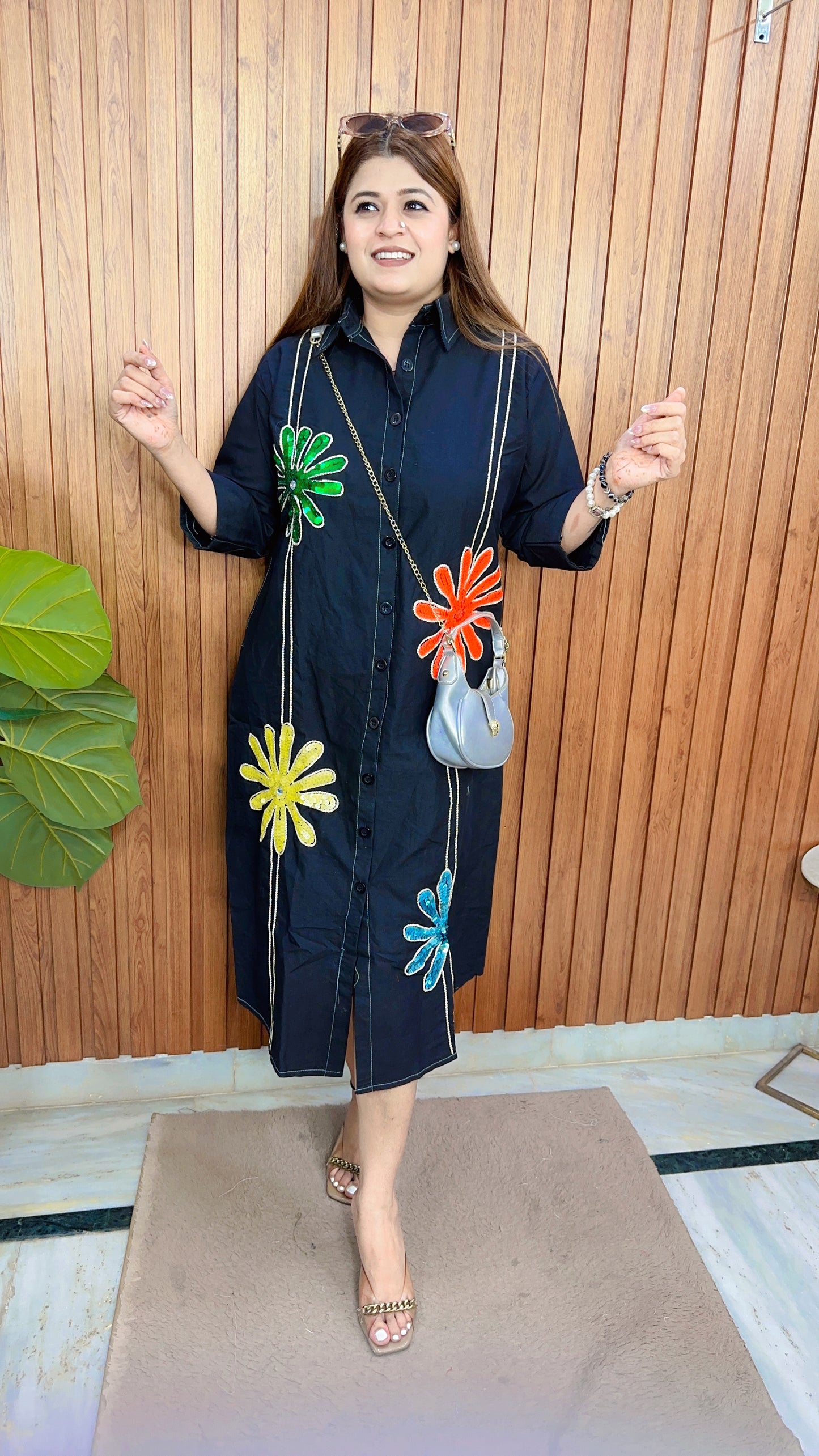 Sequence Flower Denim Dress