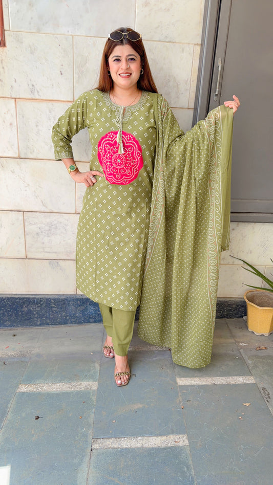 Bandhani Cotton Three Piece Suit
