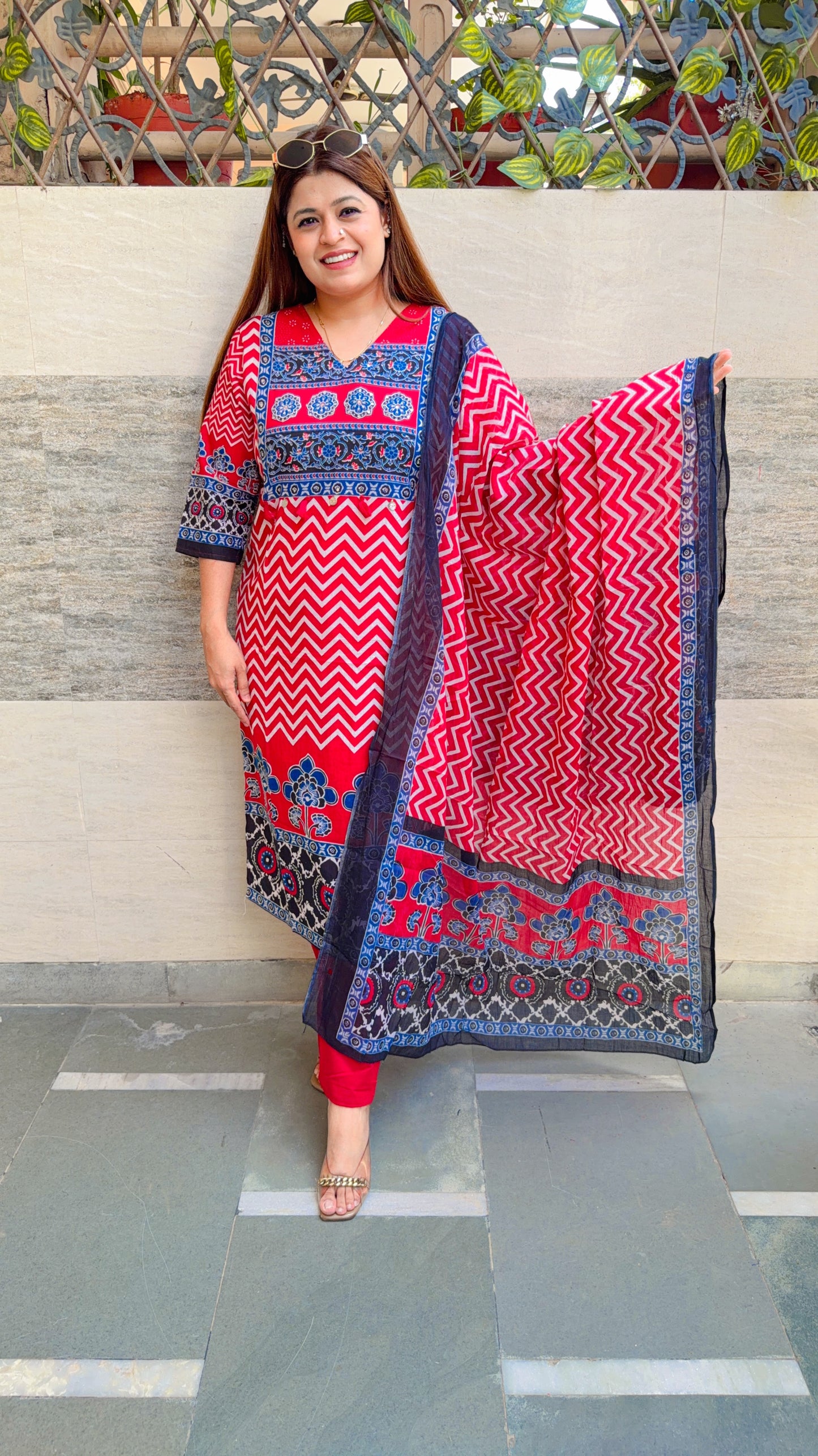 Zigzag Block Print Cotton Suit