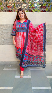 Zigzag Block Print Cotton Suit