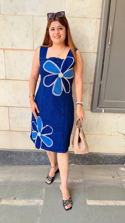 Lace Pearl Flower Denim Dress