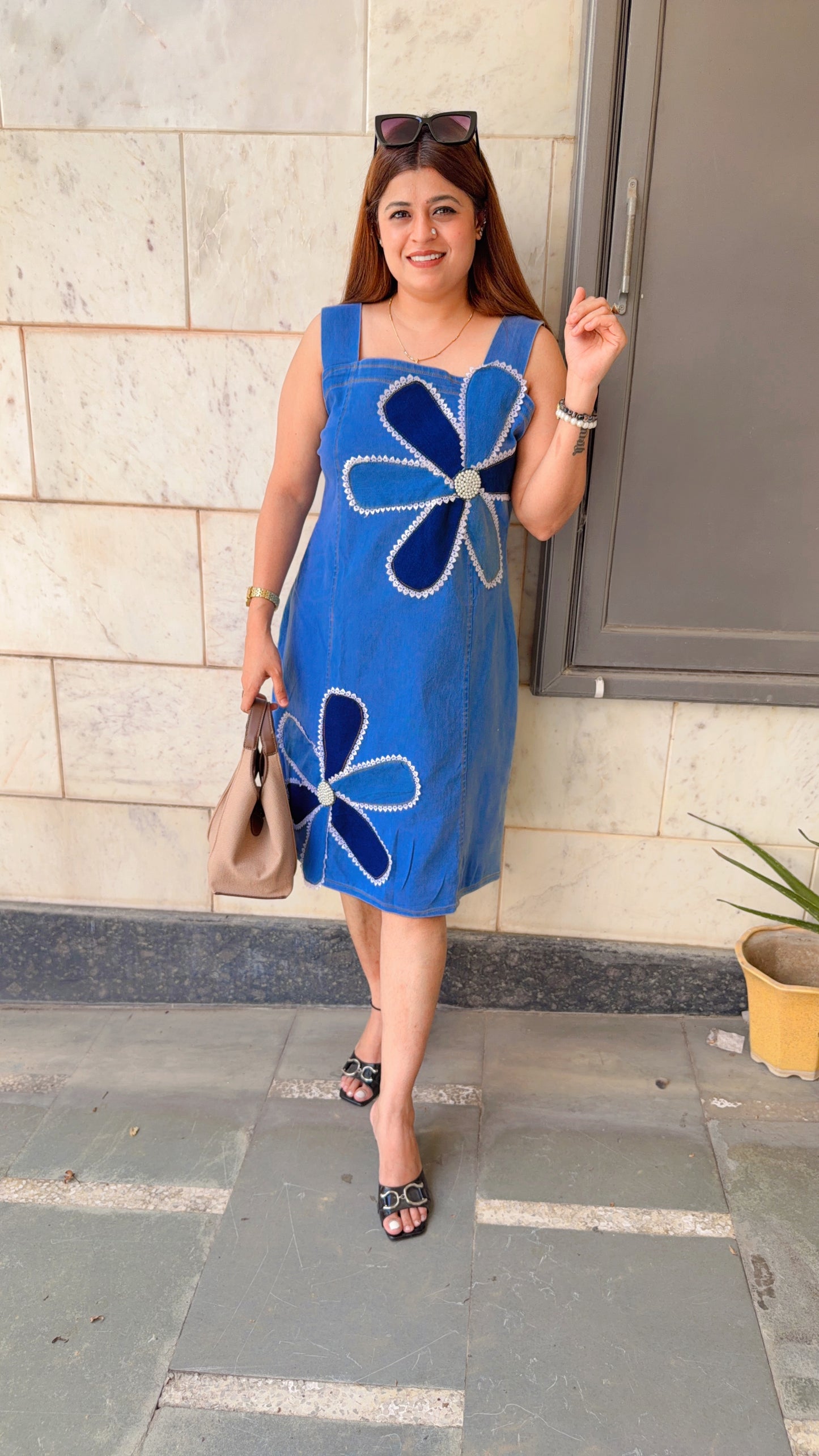 Lace Pearl Flower Denim Dress