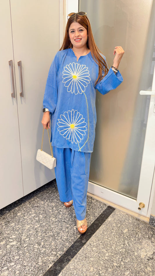 Flower Embroidery Farshi Denim Two Piece Set