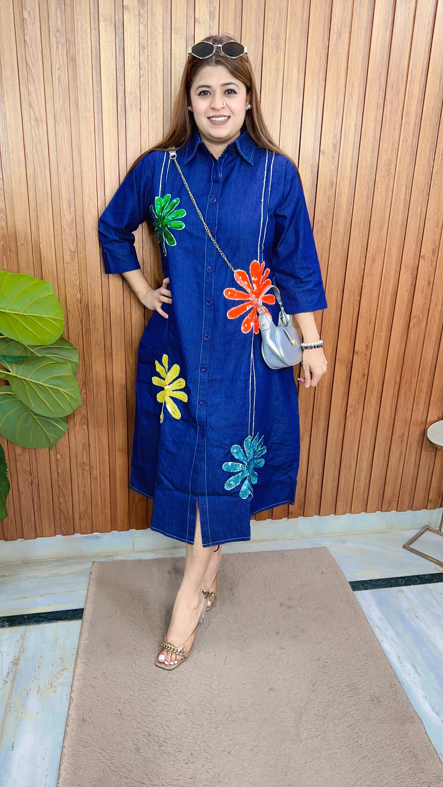 Sequence Flower Denim Dress