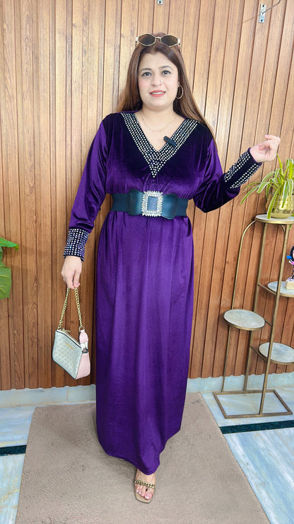 Daimond V Neck Velvet Dress