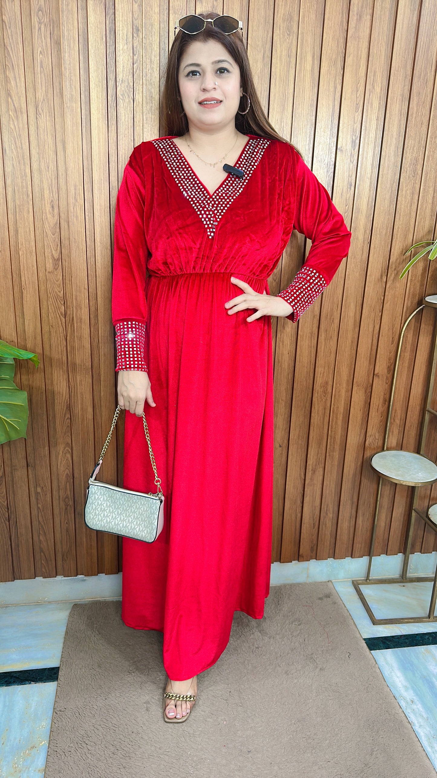 Daimond V Neck Velvet Dress