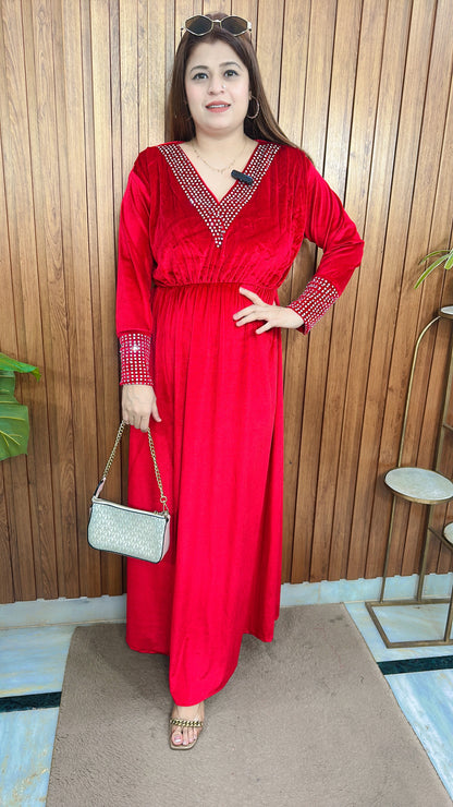 Daimond V Neck Velvet Dress