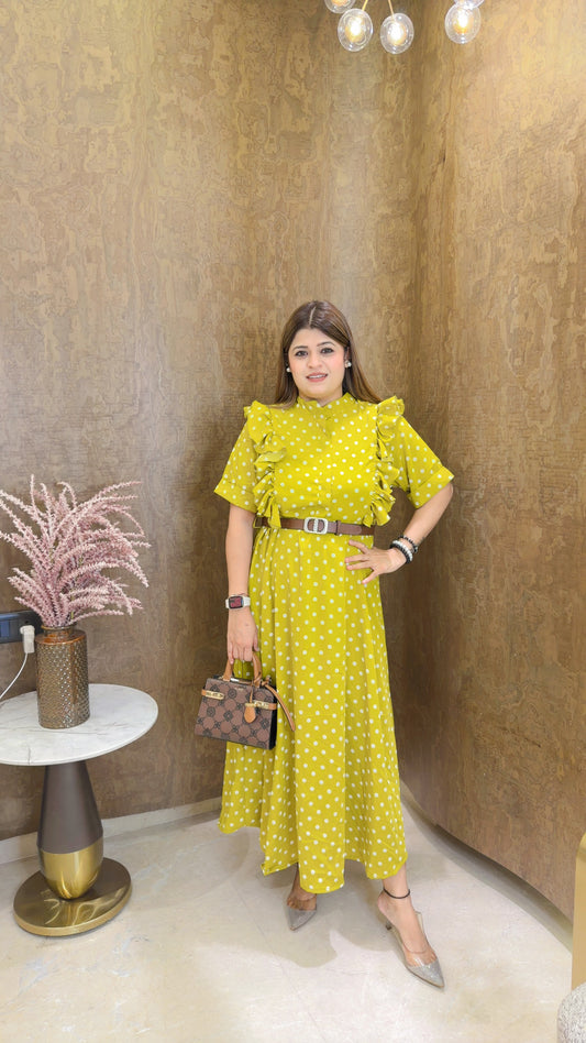 side frills small Polka dress with belt