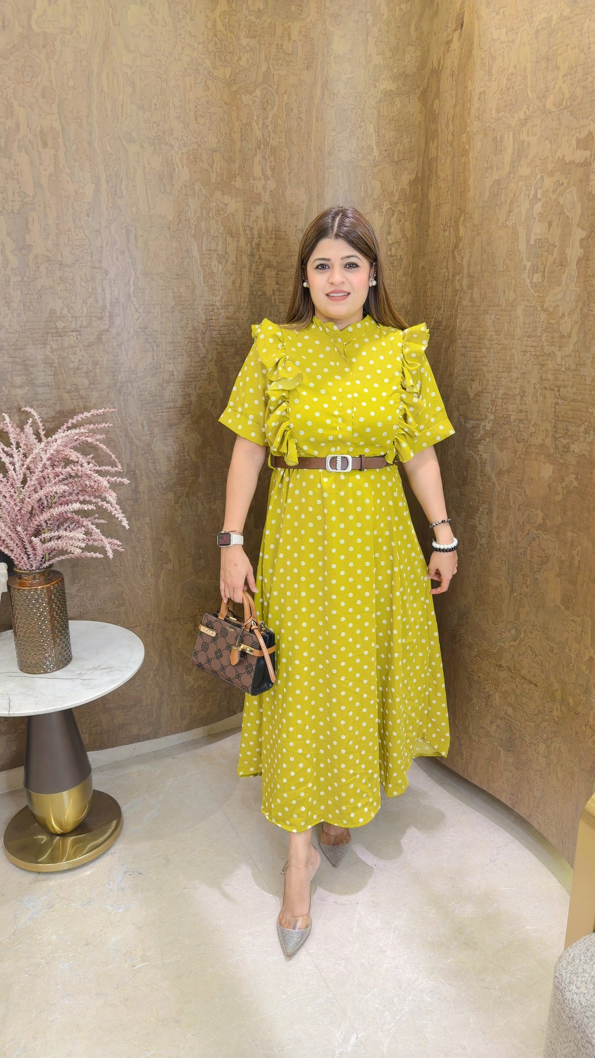 side frills small Polka dress with belt